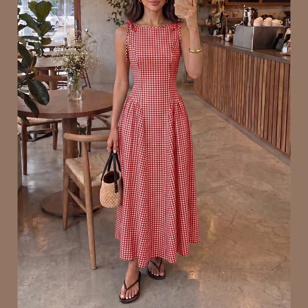 Red Gingham Plaid Tie Shoulder Fit and Flare Maxi Dress